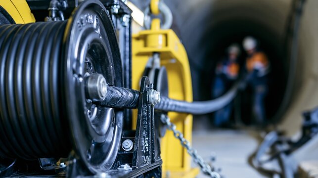 Underground utility tunnel cable winch pulling cable in sharp focus and blurred utility workers behind. Concept of city infrastructure maintenance.
