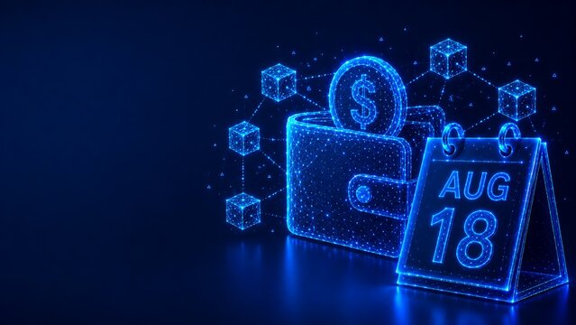 Abstract digital wallet with blockchain cubes and august 18th date.august calendar background with icon blockchain calendar cryptocurrency.august calendar background with icon