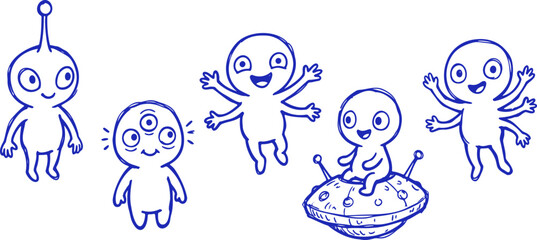 Whimsical aliens with varied limbs and heads dancing joyfully during a simple blue ink illustration concept