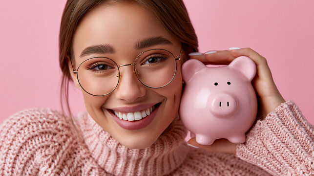 Frau mit Brille h&auml;lt rosa Sparschwein und l&auml;chelt in Kamera