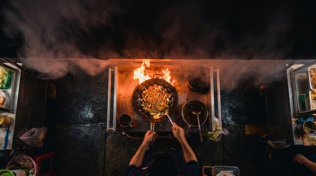 Overhead view of chef cooking indonesian mie goreng in a flaming wok