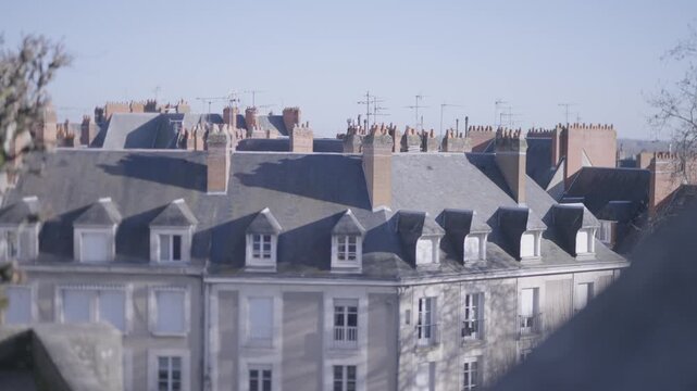 A close view of a classic Parisian mansard rooftop with chimneys and dormer windows under a clear sky.