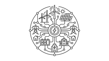 Obraz premium Clean Minimalist Black and White Line Art Diagram of Renewable Energy Grid Network with Icons with high quality professional line art symbols for modern creative design and digital branding projects