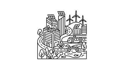 Obraz premium Industrial Line Drawing of Eco Friendly Cityscape with Wind Turbines Solar Panels and Green Spaces in Black and White