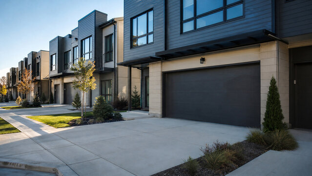 Suburban townhouse block morning establishing shot