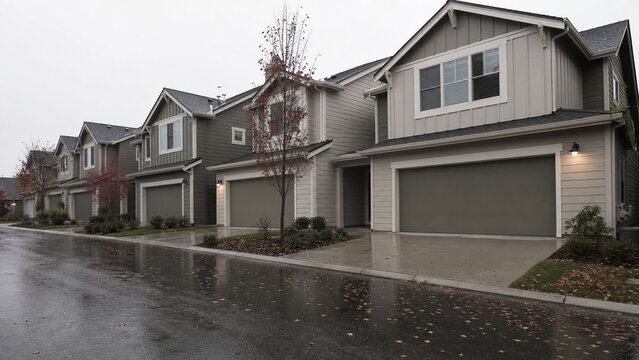 Suburban townhouse block in autumn rain establishing shot