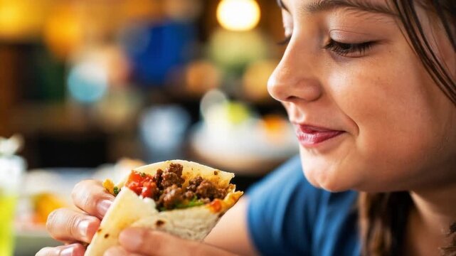 Woman takes a bite of a ground beef taco during a casual meal indoors