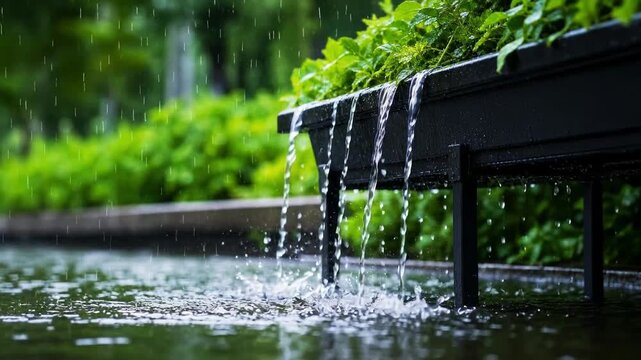 Rainwater drains from an elevated planted bed into a shallow retention pool