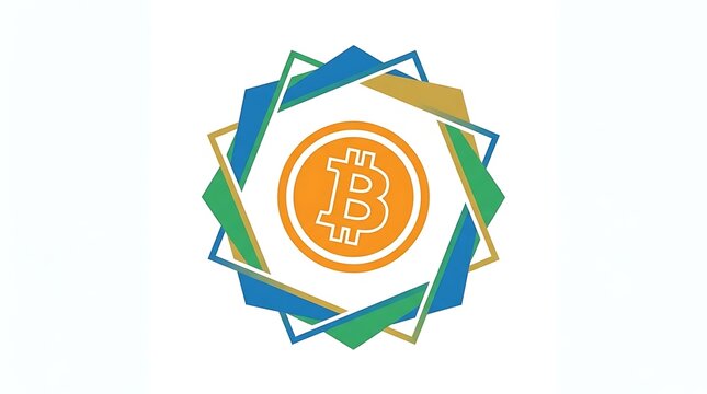 Bitcoin cryptocurrency logo centered in geometric colorful frame.