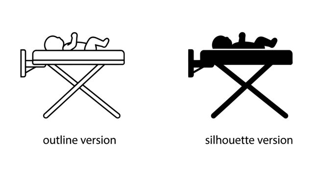 Baby Changing Table Icons: A simple outline and silhouette depiction of a baby lying on a changing table, symbolizing care and newborn needs.