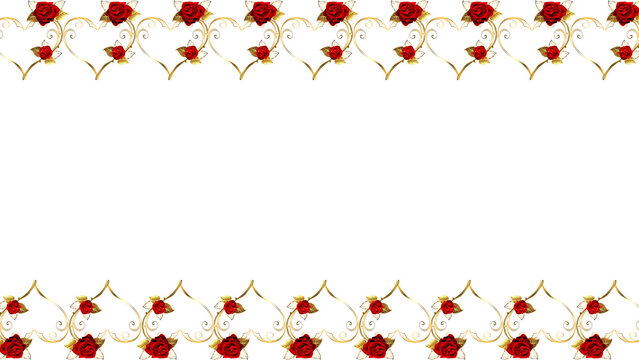 Elegant decorative graphic element featuring ornate golden hearts intertwined with vibrant red roses, forming a beautiful border pattern for romantic celebrations and special occasions