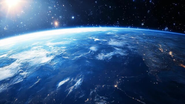 Stunning space view of Earth with blue oceans and white clouds against a black starry backdrop.