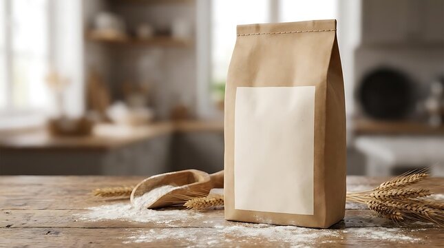 Brown paper bag mockup on wood.