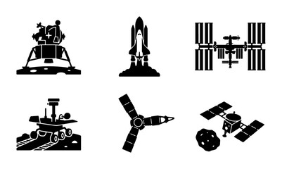Space Exploration Icons: Lunar Lander, Shuttle, ISS, Rover, Satellite, Asteroid - Vector Set for Science and Technology Projects © Mitu