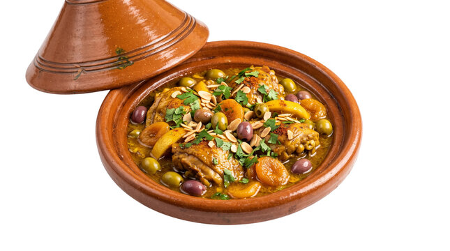 Traditional Moroccan chicken tagine with olives and apricots, authentic clay pot slow-cooked stew, savory North African cuisine on white background