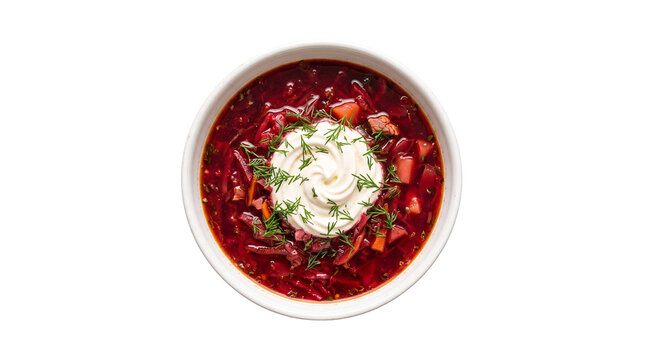 Traditional red borscht soup with sour cream and dill, beetroot vegetable soup in white bowl, healthy homemade dinner isolated on white background