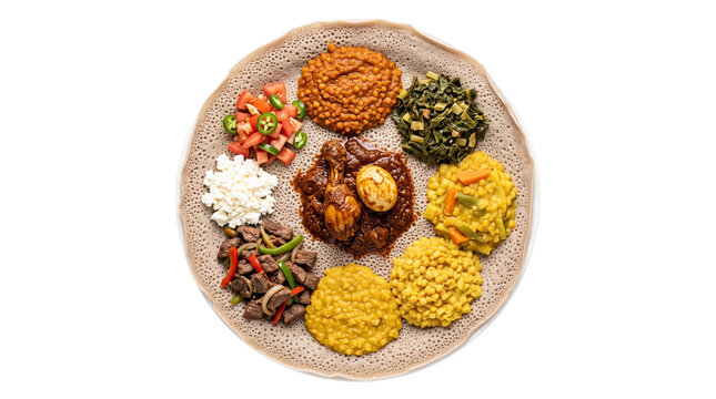Ethiopian injera platter with doro wat and various stews, traditional African cuisine on white background, authentic habesha food assortment