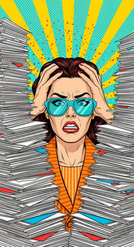 Woman with hands on head overwhelmed by stacks of papers, pop art style, symbolizing stress and overload, ideal for business or mental health.