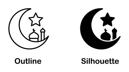Obraz premium Ramadan Crescent Moon and Star Icons: Two distinct icons symbolizing Ramadan, one an outline and the other a silhouette, featuring a crescent moon, a star, and Islamic mosque domes.