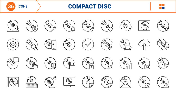 Compact Disc Web Icon Set in Linear Style. Collection of Optical Media line icons, including check mark, audio track, security lock, error warning, music play, download arrow, data storage, damaged