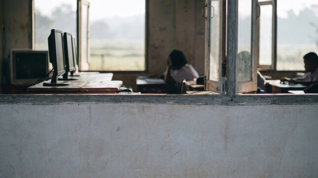 Rural indonesian school computer lab with students