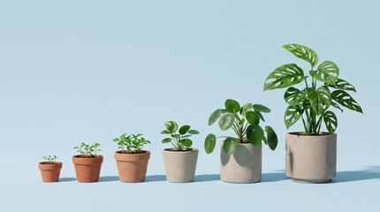 Fototapeta premium Stages of plant growth from seedling to mature Monstera in terracotta and concrete pots, symbolizing business growth, sustainability, nature development, gardening on blue.