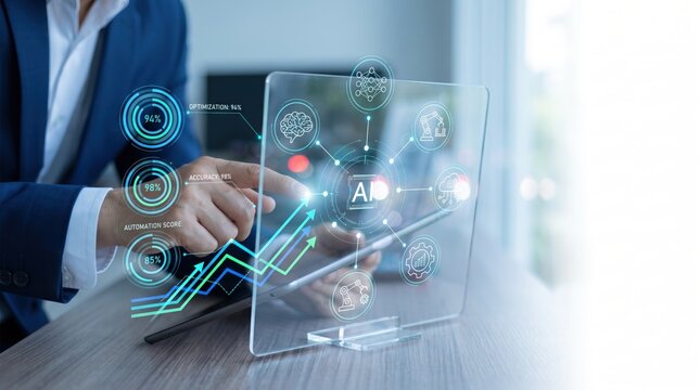 Business professional interacting with futuristic AI hologram interface on transparent tablet, showing data analytics, optimization, automation scores, digital transformation