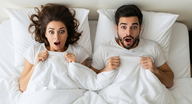 Surprised couple in bed, mouths agape, holding white sheets, expressing shock or excitement, symbolizing unexpected news or sudden realization.