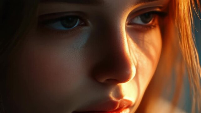 Young female with glowing complexion and intense gaze. A serene and focused expression on a beautiful face.
