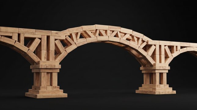 Detailed 3D render of a classical wooden arch bridge model with stone pillars, showcasing architectural engineering design against a black background