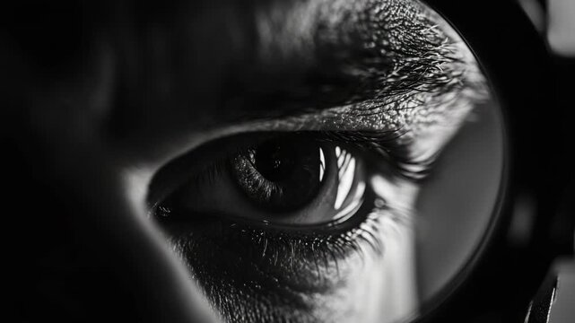 A person's eye seen through a camera lens