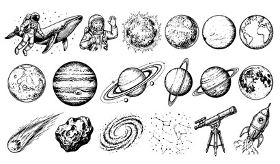 Vintage Engraved Astronaut with Blue Whale Solar System Vector Collection © Md