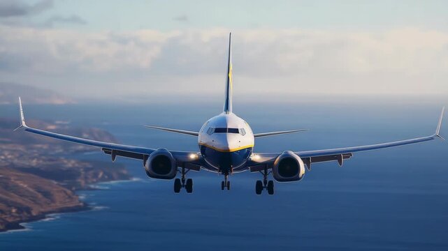 An airplane in flight against a backdrop of blue ocean with land mass visible below.
