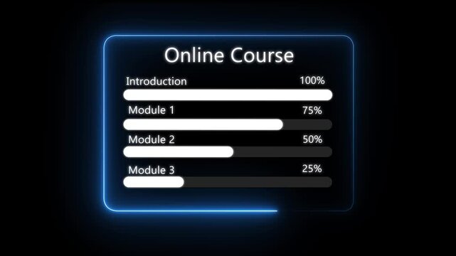 Digital Learning Progress Tracker Showing Online Course Modules and Completion Percentages. holography neon line animation.3d online course,vector, neon sign, education icon motion graphic.