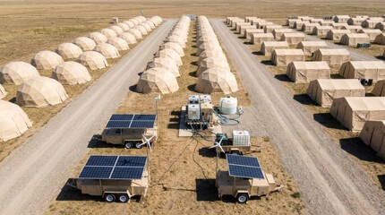 Obraz premium Military field camp with numerous dome tents and row shelters. Solar panel trailer and wind turbine providing renewable energy and water purification system for sustainable base operation.