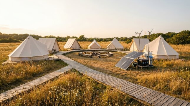 Glamping site with white canvas tents and wooden walkways in a meadow. Sustainable ecotourism retreat with solar panels and wind turbine. Off-grid luxury camping in nature at sunset.