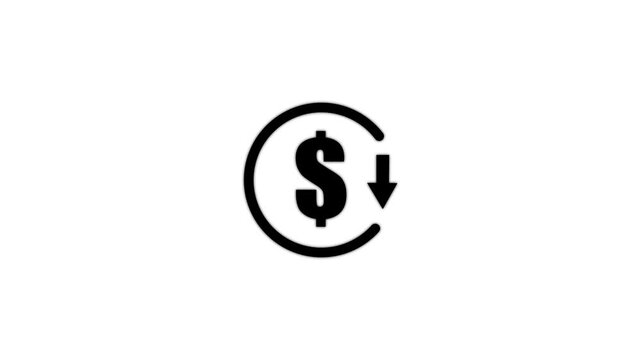 Abstract decrease icon on White background. Dollar rate down looped icon. Reduce costs sign and symbol, financial crisis, market crash, economic recession, vector, sign, loss graph..