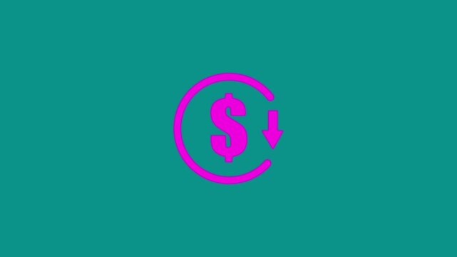 Abstract decrease icon on White background. Dollar rate down looped icon. Reduce costs sign and symbol, financial crisis, market crash, economic recession, vector, sign, loss graph..