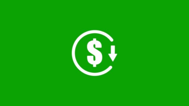 Abstract decrease icon on White background. Dollar rate down looped icon. Reduce costs sign and symbol, financial crisis, market crash, economic recession, vector, sign, loss graph..