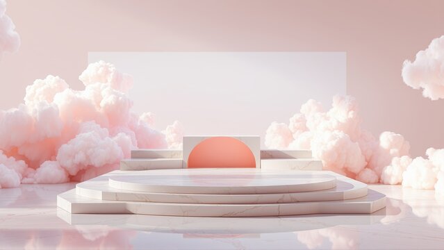 Minimalist stage design. Soft pink clouds surround marble platforms. Central semicircle adds subtle color contrast. Reflective surface creates depth.