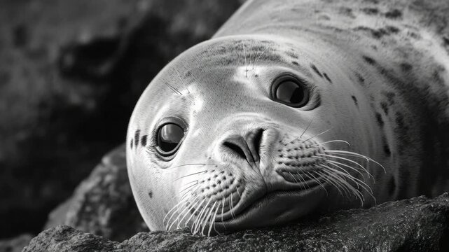 The innocent and curious gaze of a seal pup against the backdrop of an ocean floor