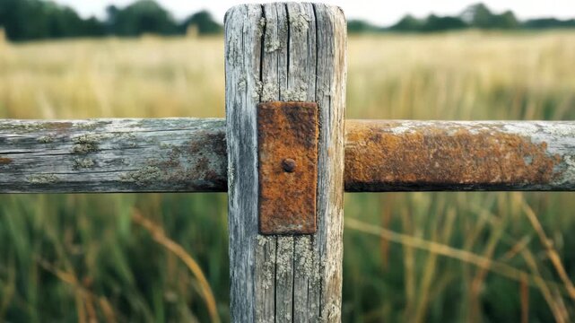 An old wooden fence post with rusted metal brace, set against a field of grass.
