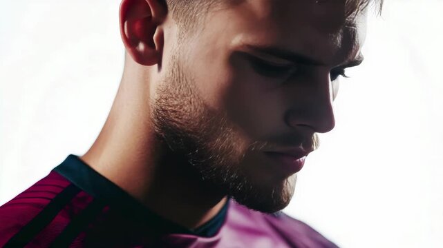 A man with short hair looking downwards. He's wearing a striped shirt.