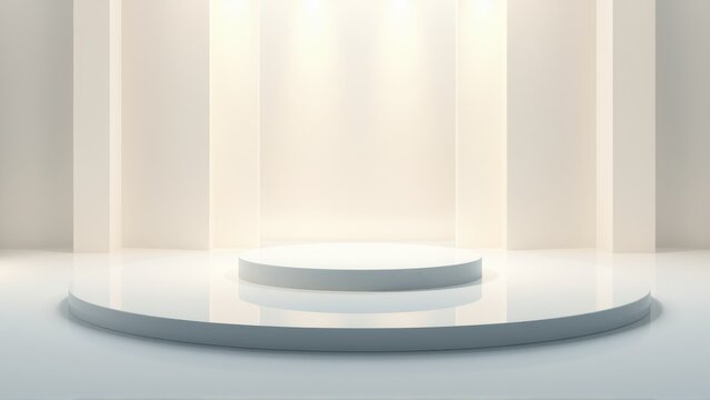 Empty white stage. Circular platform illuminated by spotlights. Minimalist design, perfect for product presentation or display. Clean, modern aesthetic.