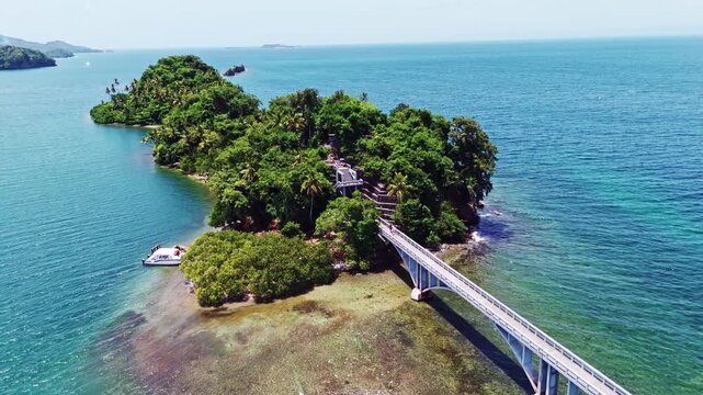 Puentes de Samana - Pedestrian Bridge Connecting Offshore Islands On Samana Bay In Dominican Republic. aerial pullback, ascending shot