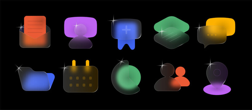 Glassmorphism icon set: transparent glass user interface icons with blur and glow. Email user symbols for UI, app and web. Modern vector interface icons, colorful on dark.