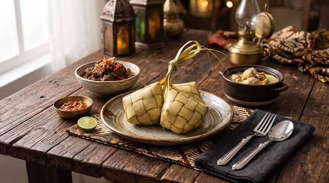 Ketupat rice cakes served with savory beef curry rendang and sambal on a rustic ceramic plate