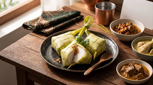 Ketupat rice cakes served with savory beef curry rendang and sambal on a rustic ceramic plate