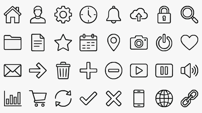 Clean Minimalist Black and White Line Icons Set Featuring Common UI Symbols for Web Design Apps and Presentations