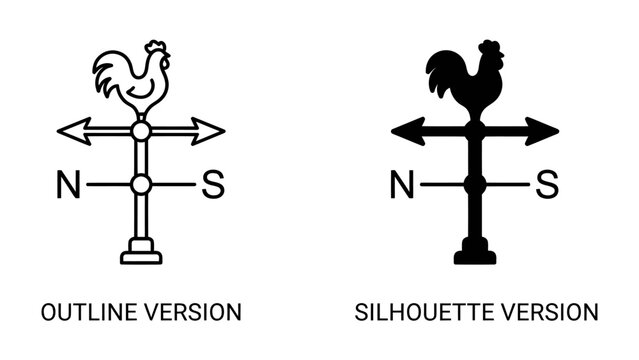 Rooster Weather Vane Icons: A collection of graphic icons depicting a rooster weather vane in both outline and silhouette versions, indicating cardinal directions North and South.